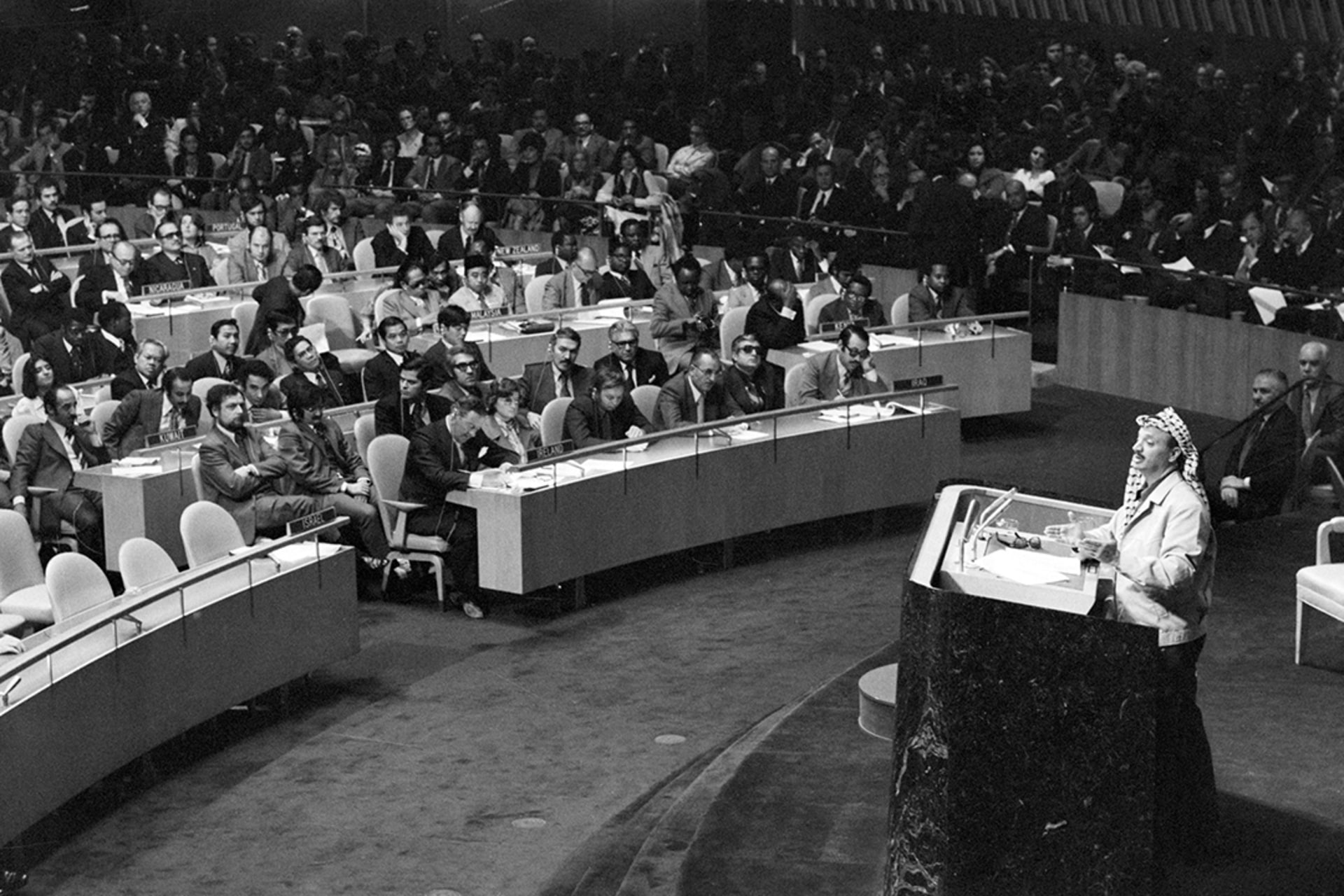 PLO leader Yasser Arafat addresses the UN General Assembly, November 13, 1974.