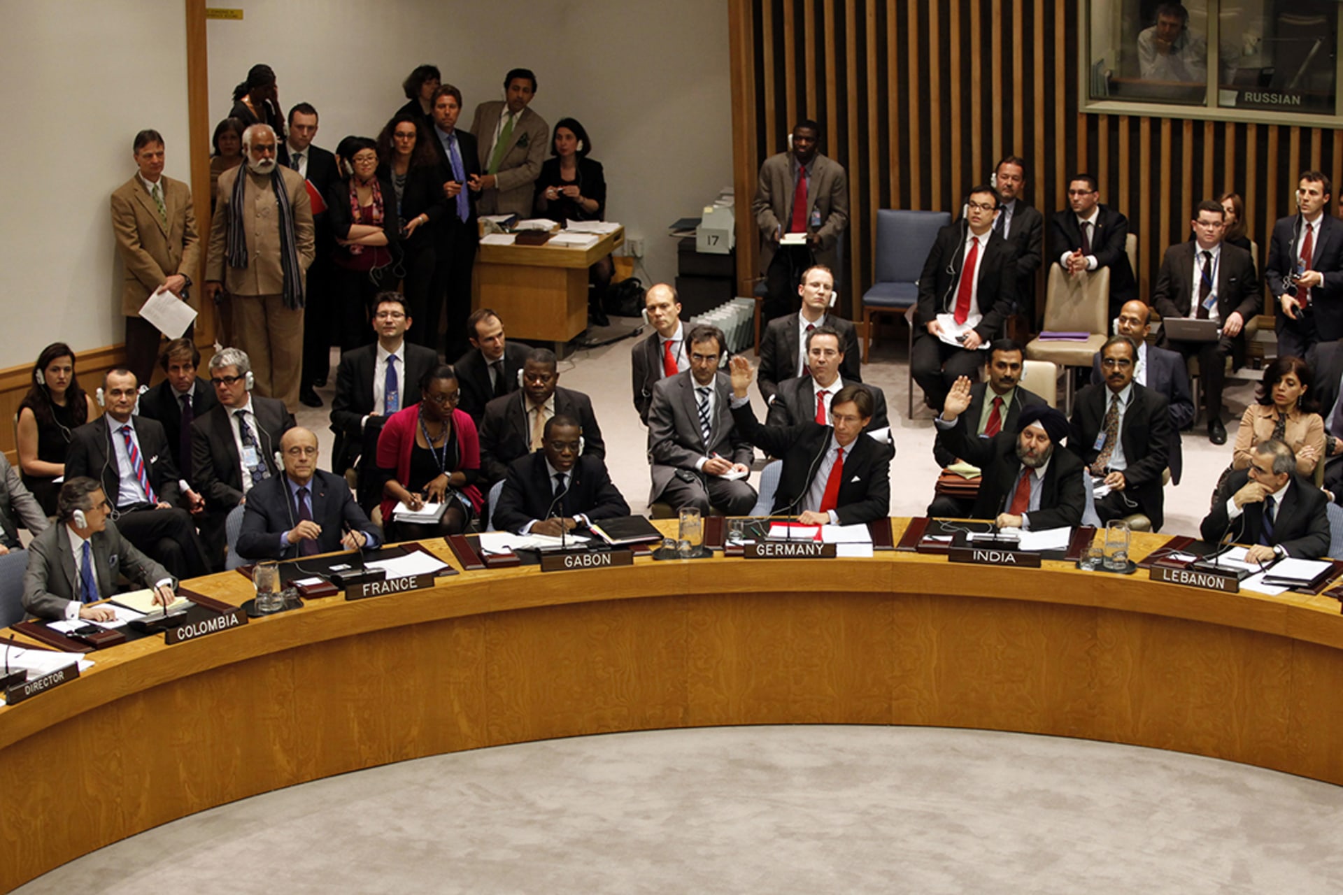 Security Council members vote in abstention on a resolution supporting military action against the Muammar al-Qaddafi regime in Libya during a meeting at UN headquarters in New York, March 17, 2011. Jessica Rinaldi/Reuters