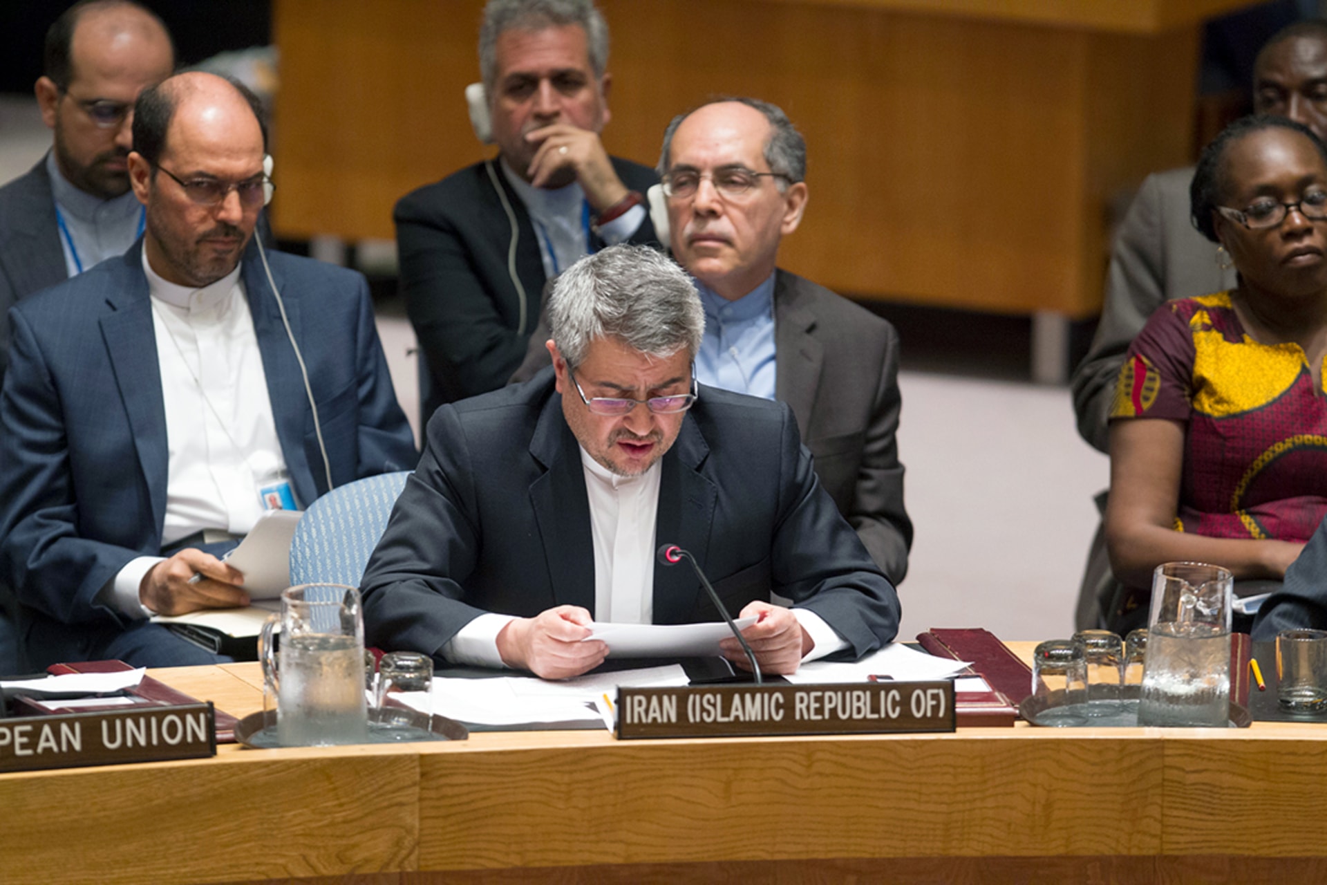 Gholamali Khoshroo, Iran’s permanent representative to the United Nations, addresses the Security Council after it adopts a resolution affirming the JCPOA, July 2015. Loey Felipe/UN Photo