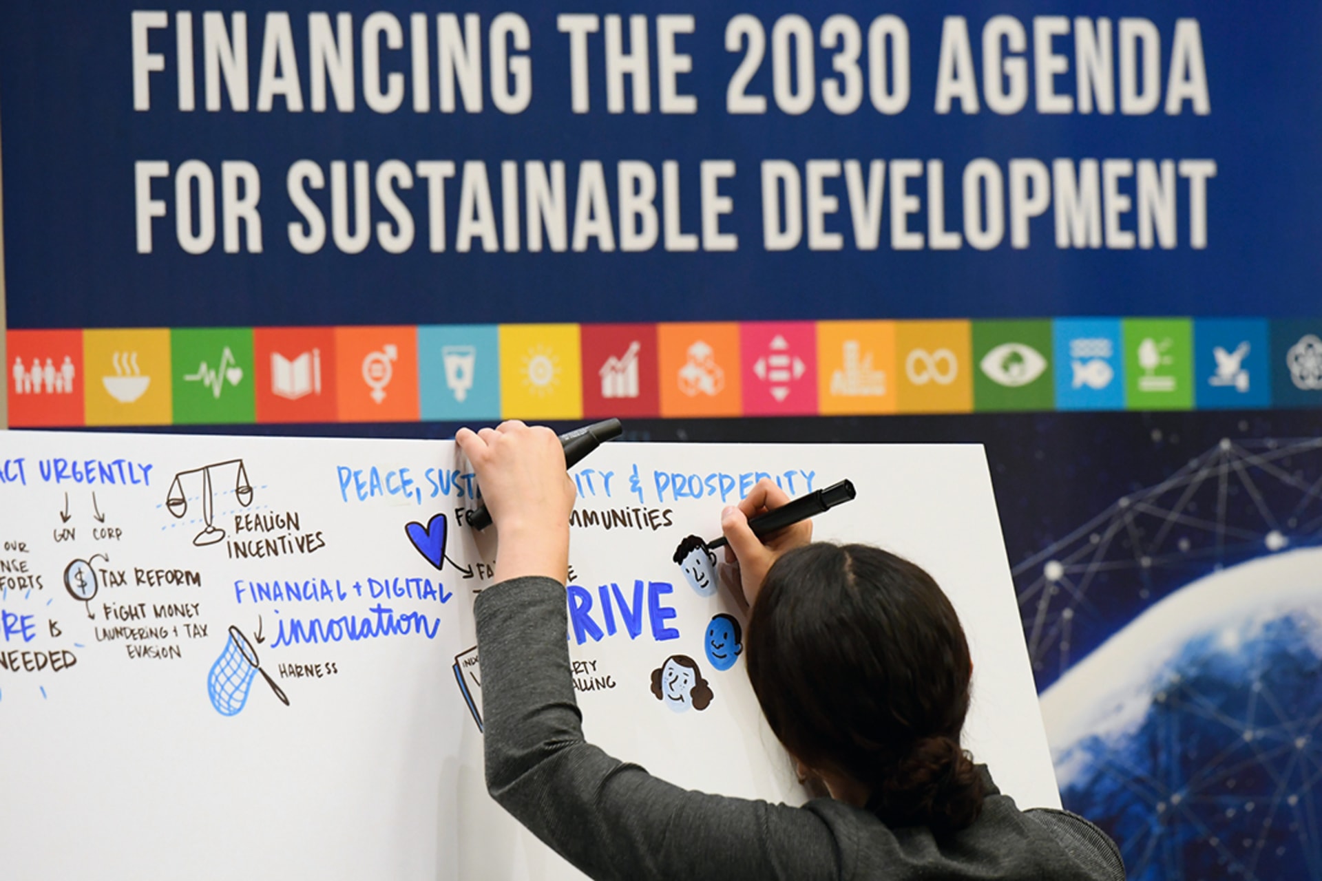 A participant draws on a board during the UN secretary-general’s High-level Meeting on Financing the 2030 Agenda for Sustainable Development in New York, September 24, 2018. Evan Schneider/UN Photo