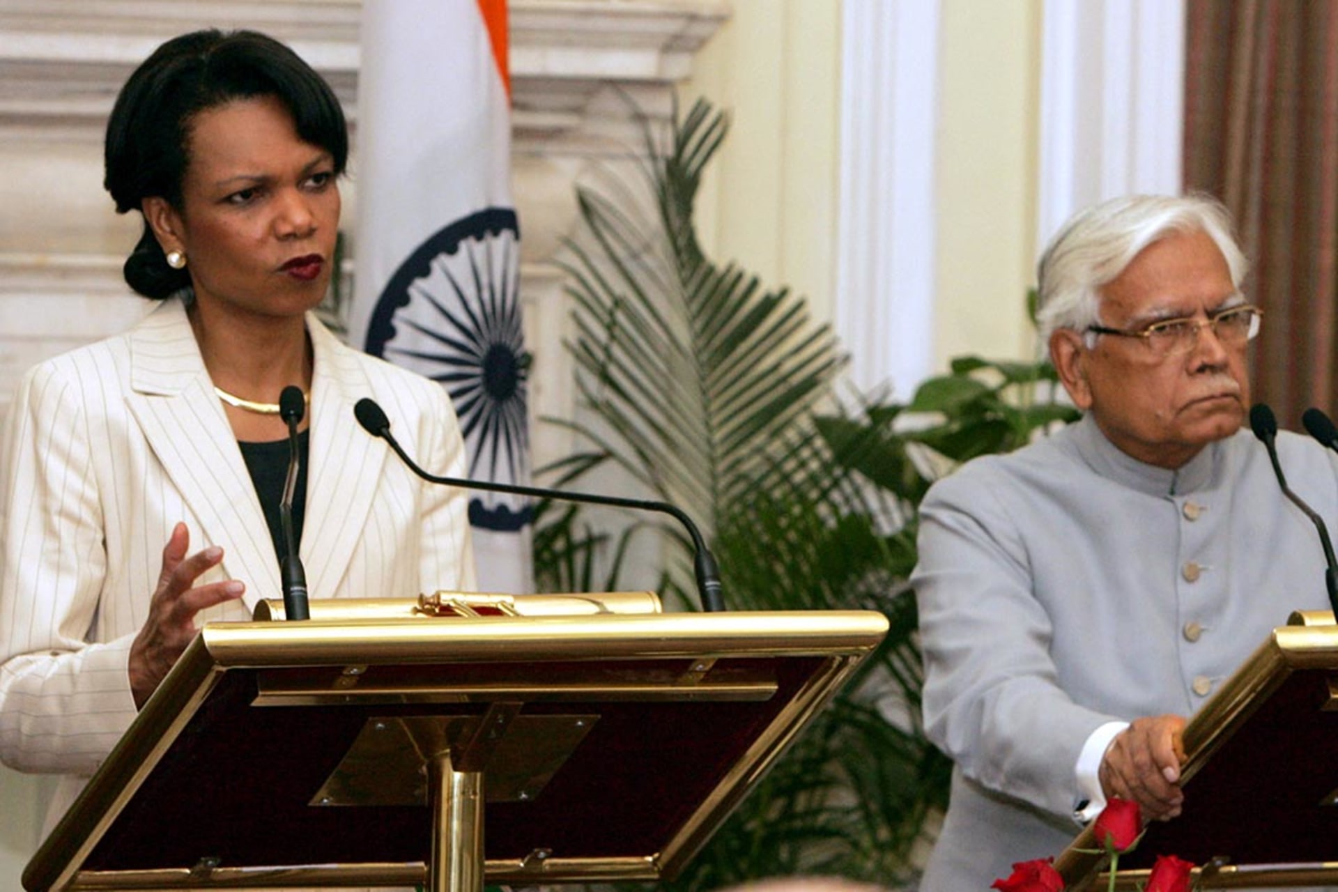 Natwar Singh greets Condoleezza Rice. Kamal Kishore/Reuters