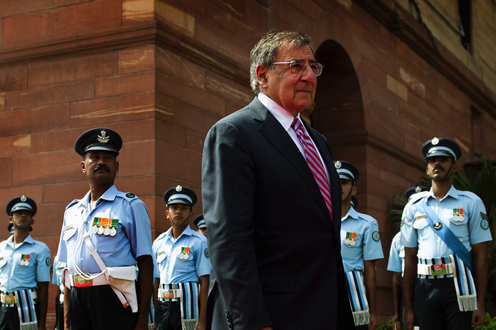 U.S. Defense Secretary Leon Panetta inspects guards in New Delhi. Jim Watson/Reuters