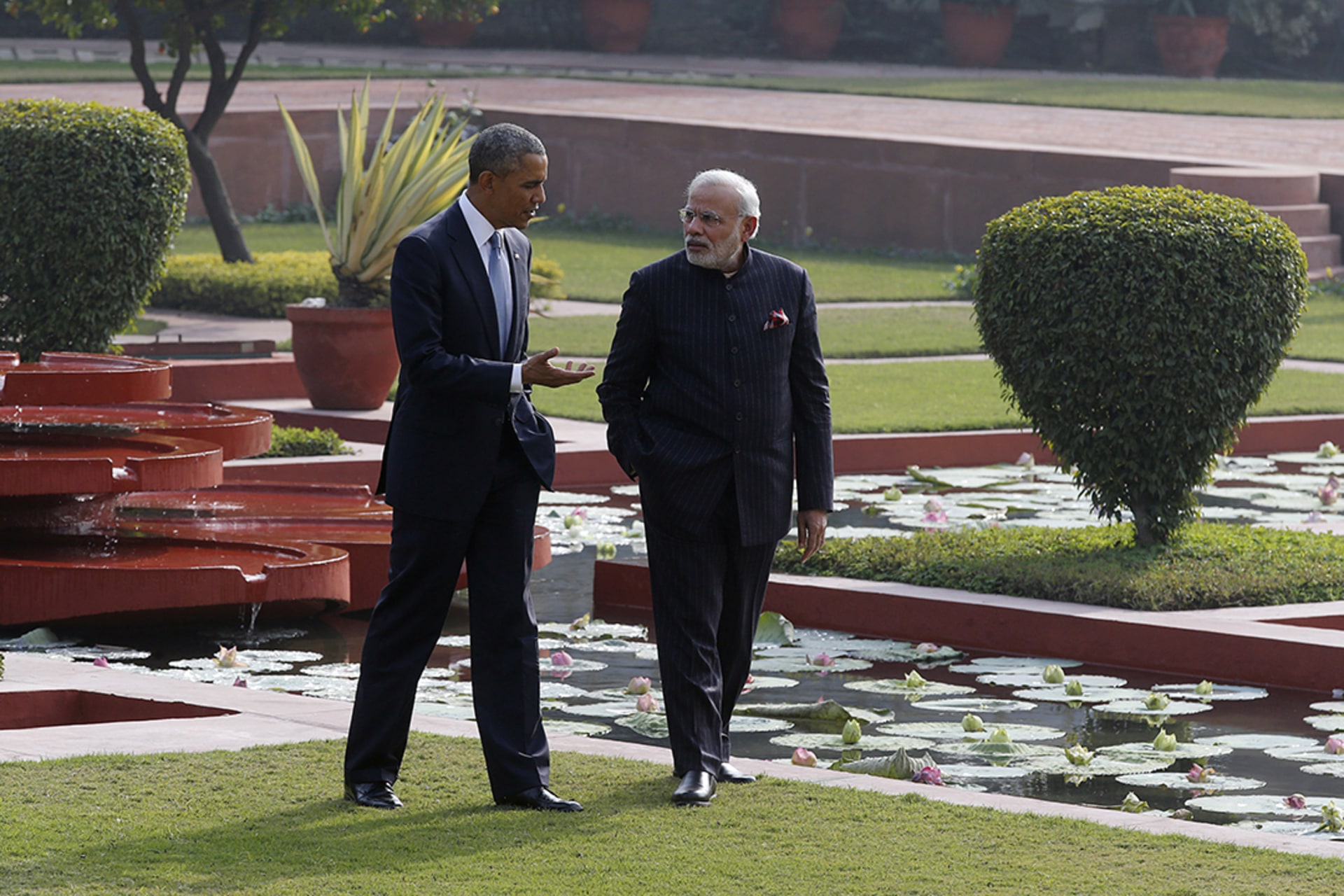 U.S. president Barack Obama and India’s Prime Minister Narendra Modi walk through the gardens at Hyderabad House in New Delhi. Jim Bourg/Reuters