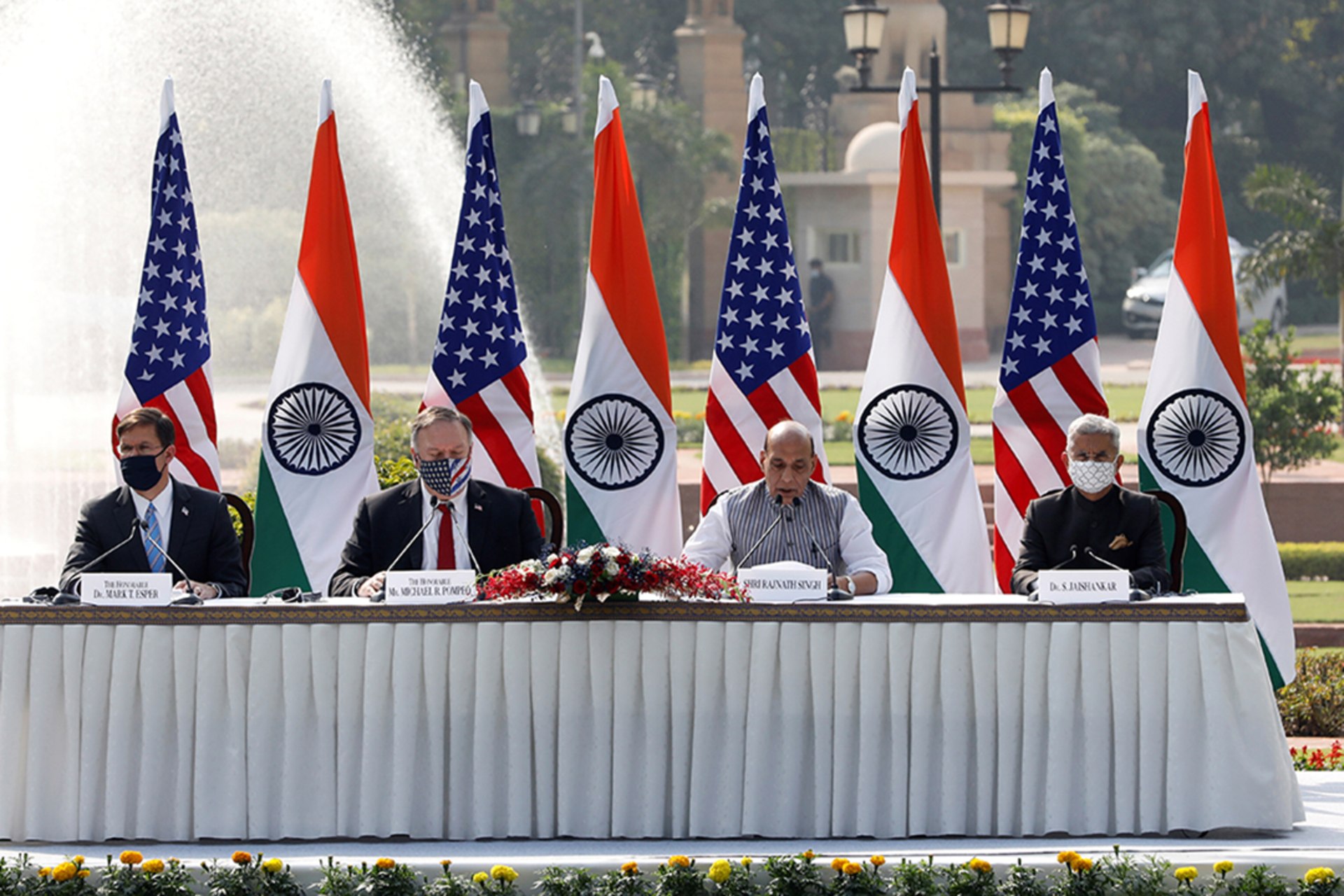 U.S. Secretary of Defense Mark T. Esper and Secretary Pompeo meet with Indian Defense Minister Rajnath Singh and External Affairs Minister Subrahmanyam Jaishankar in New Delhi. Adnan Abidi/Reuters