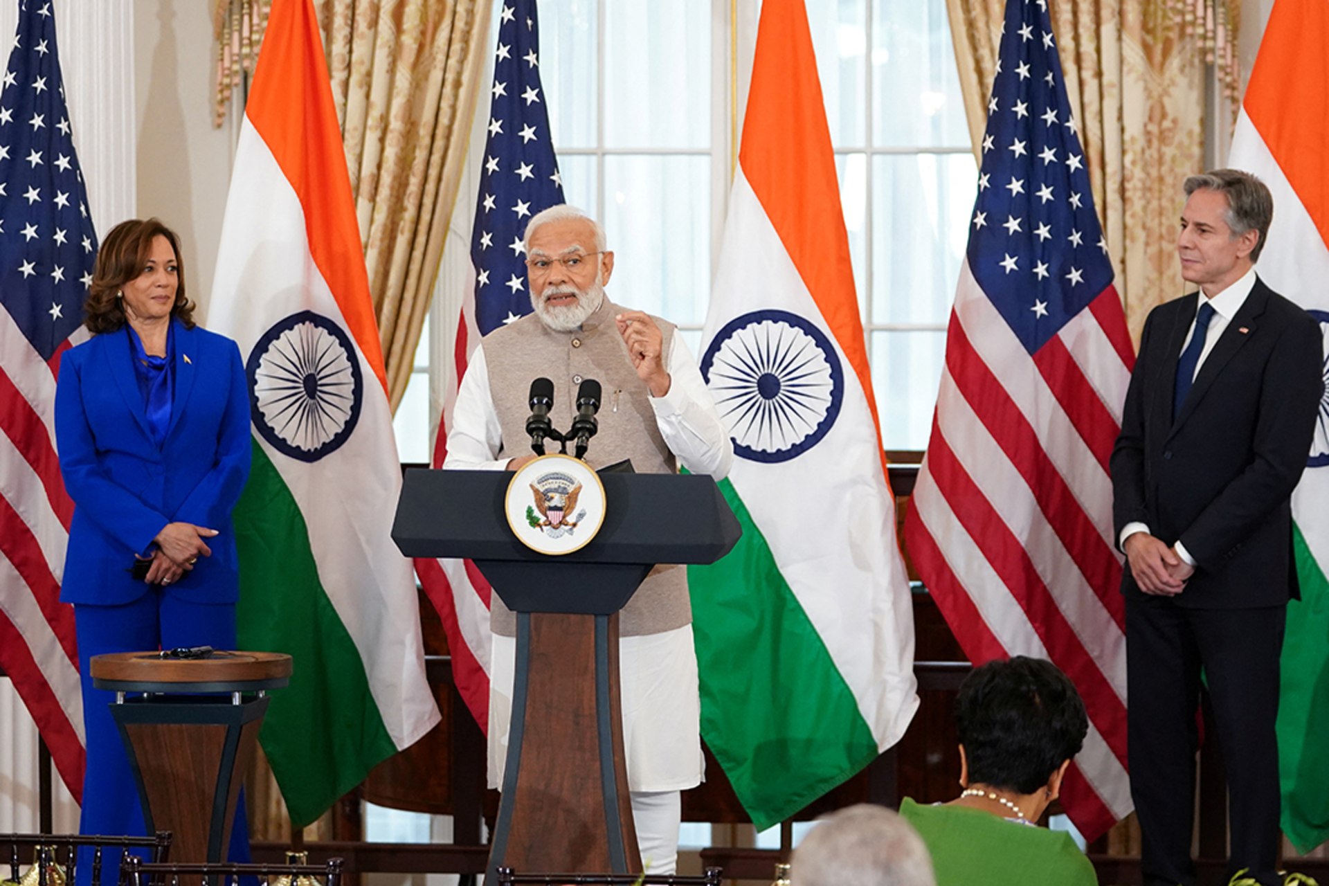 Prime Minister Modi speaks at a lunch in honor of his state visit, hosted by U.S. Secretary of State Antony Blinken and Vice President Kamala Harris in Washington, DC, June 23, 2023. Kevin Lamarque/Reuters