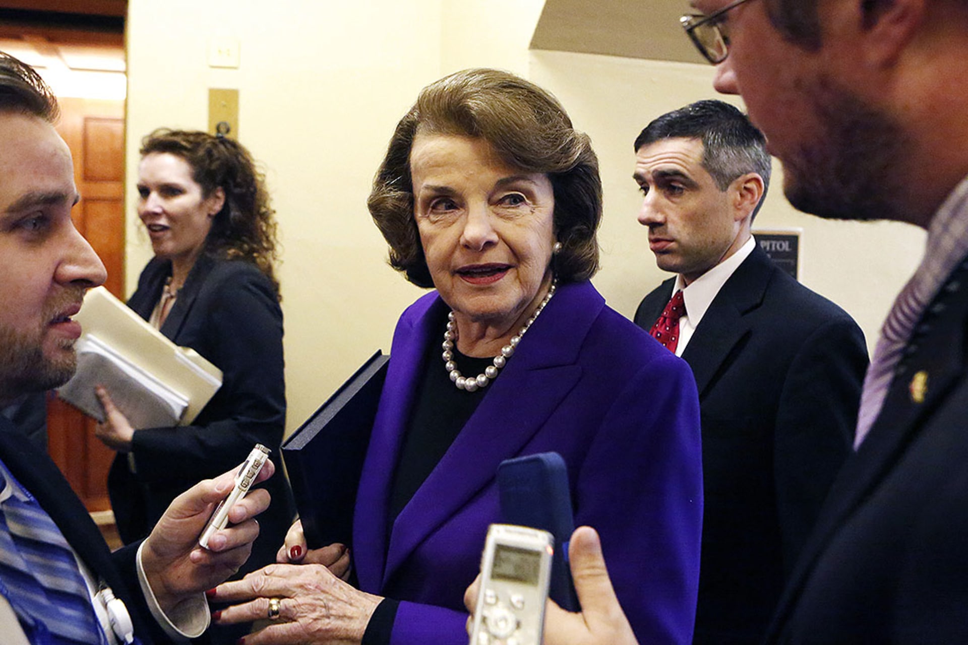 U.S. Senator Dianne Feinstein, then chair of the Senate Select Committee on Intelligence, speaks to reporters in 2014 about the release of the committee’s report on interrogation methods. Yuri Gripas/Reuters