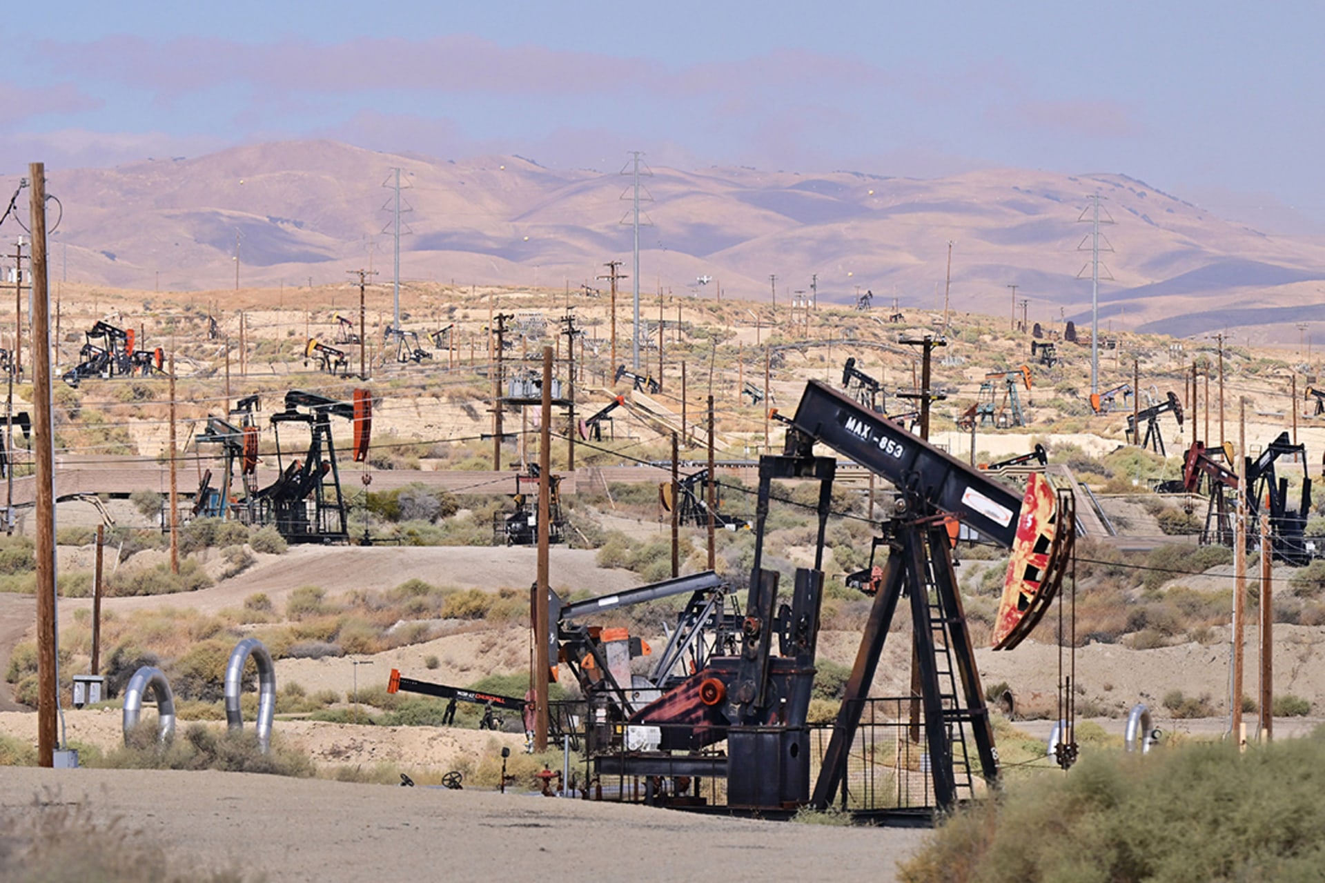 Oil pumps at a field in Taft, California, in September 2023.