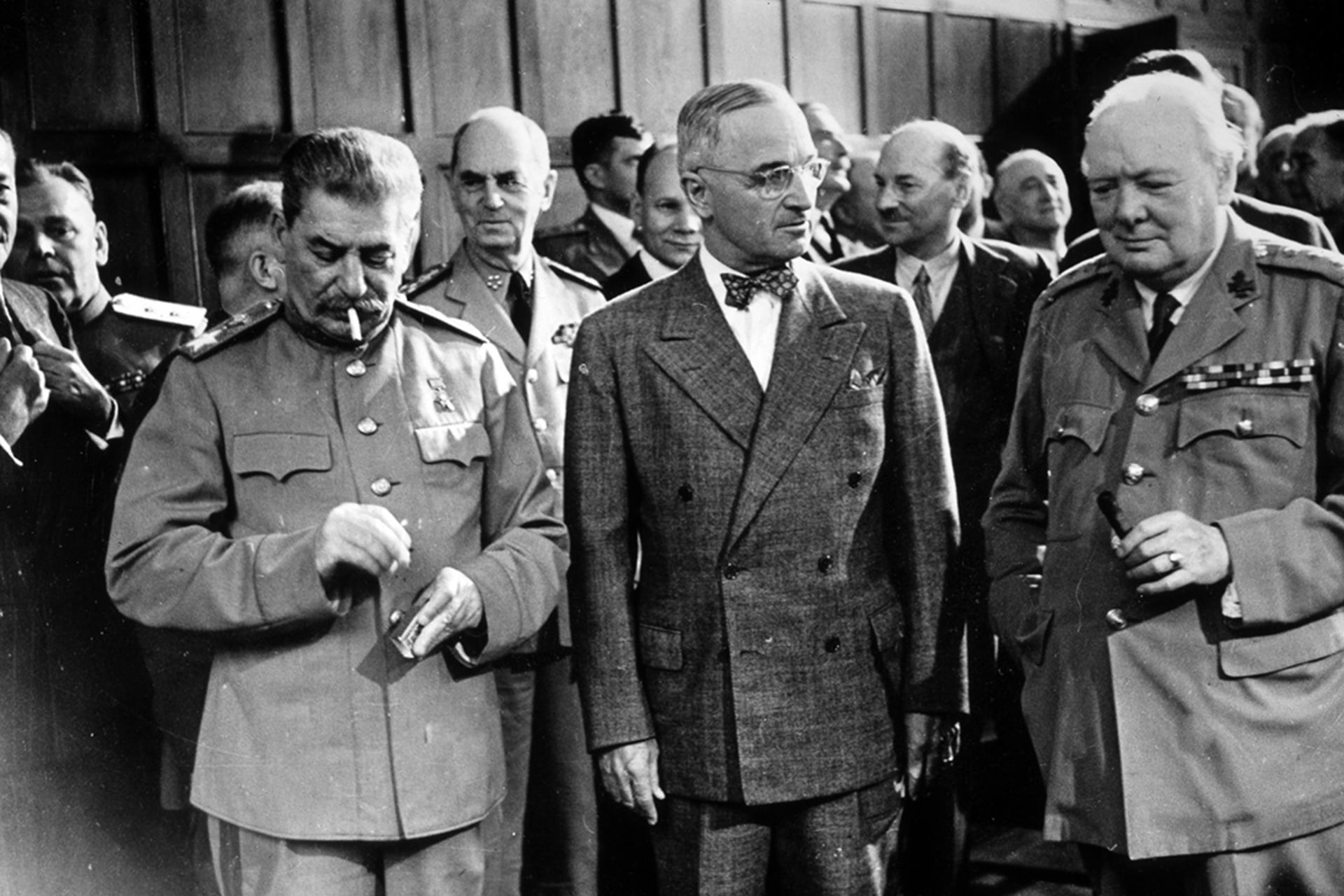 Stalin, Truman, and Churchill speak to the press at the Potsdam Conference.
