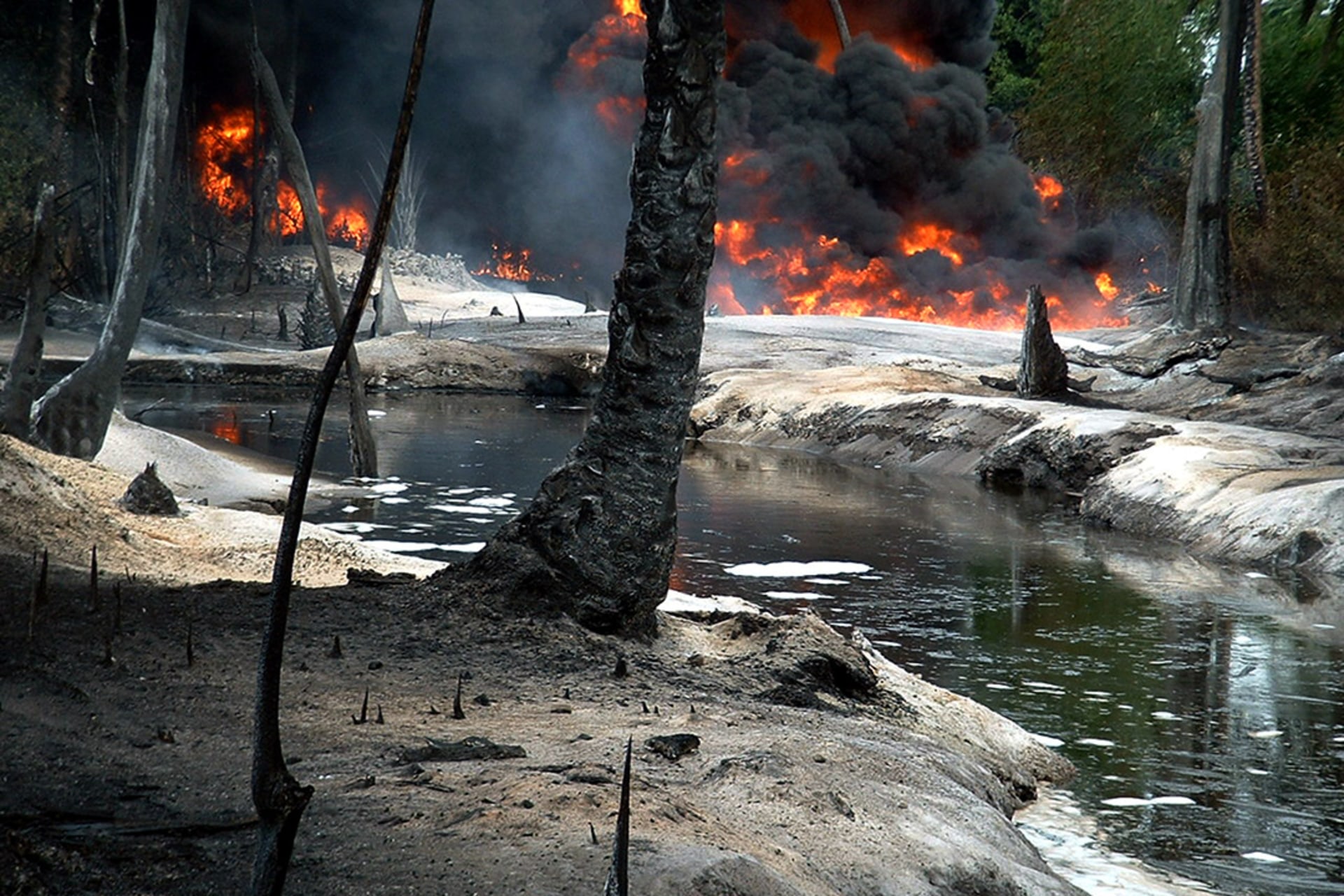 Oil from a leaking pipeline burns in Goi-Bodo, a swamp area of the Niger Delta, October 12, 2004.