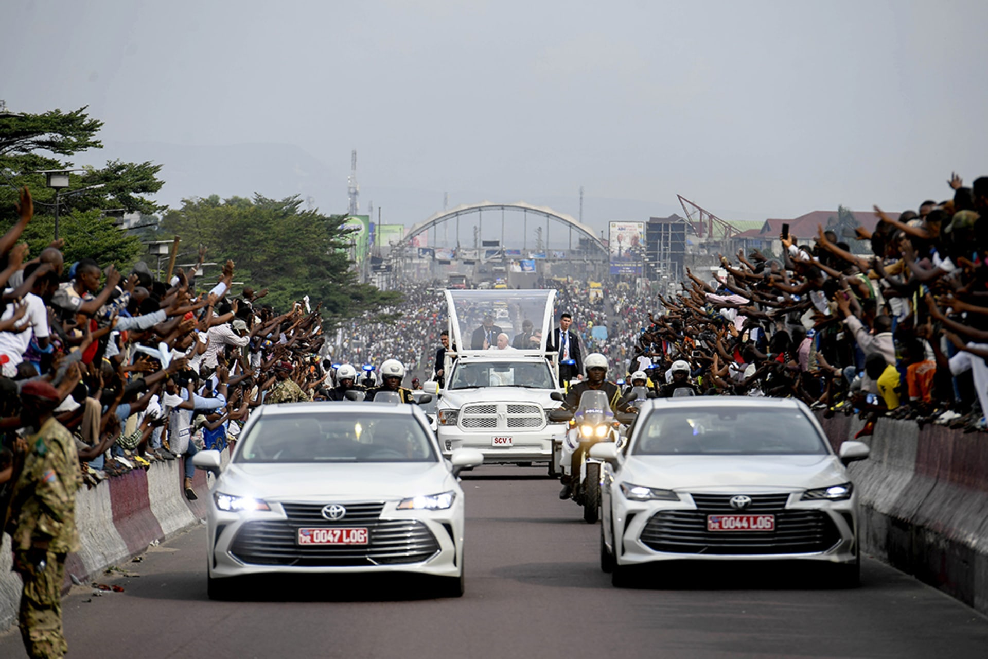 Pope Francis arrives in Kinshasa on January 31, 2023. Vatican Media/Pool/Getty Images