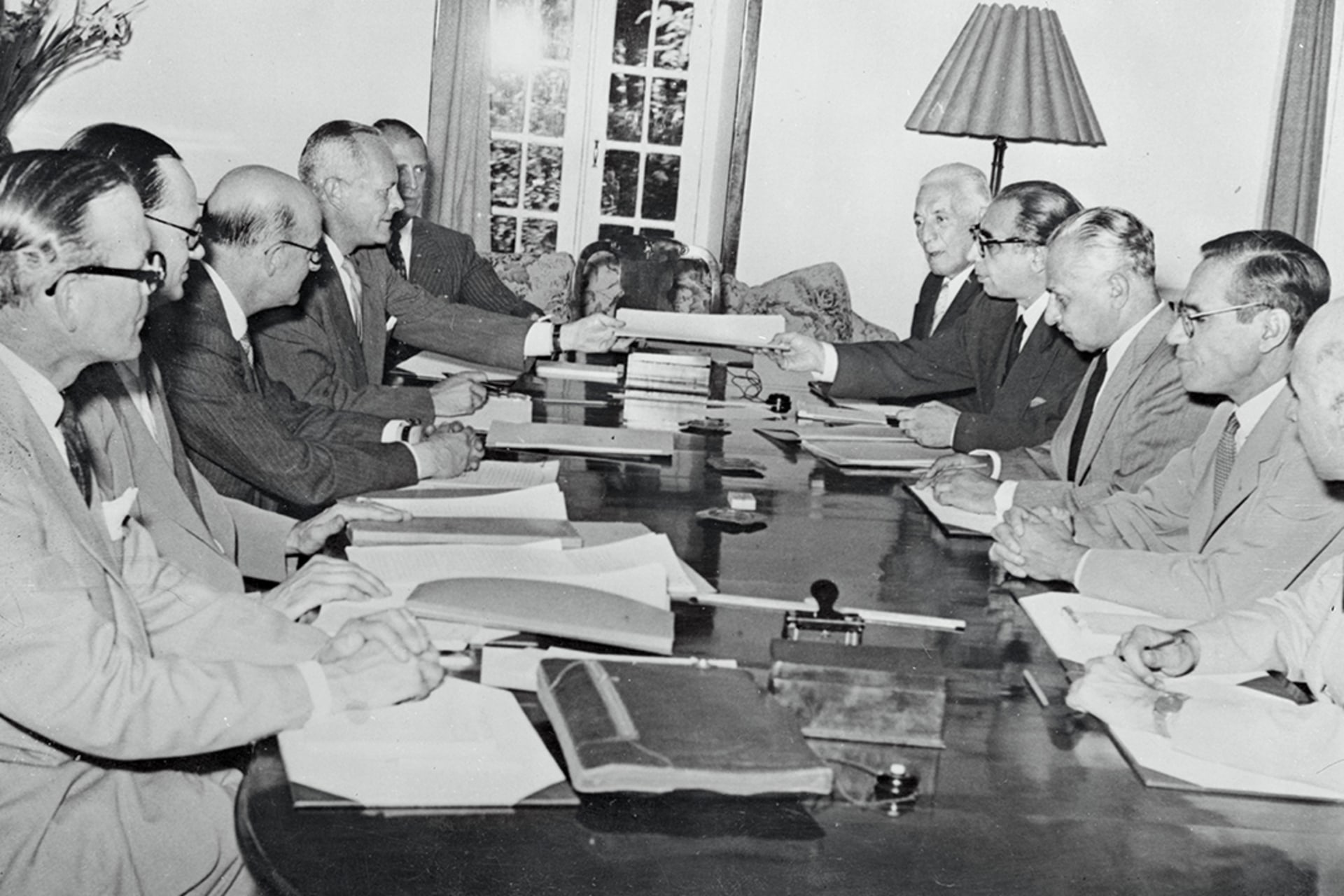 Iranian officials and representatives of eight foreign companies finalize the Consortium Agreement of 1954 
