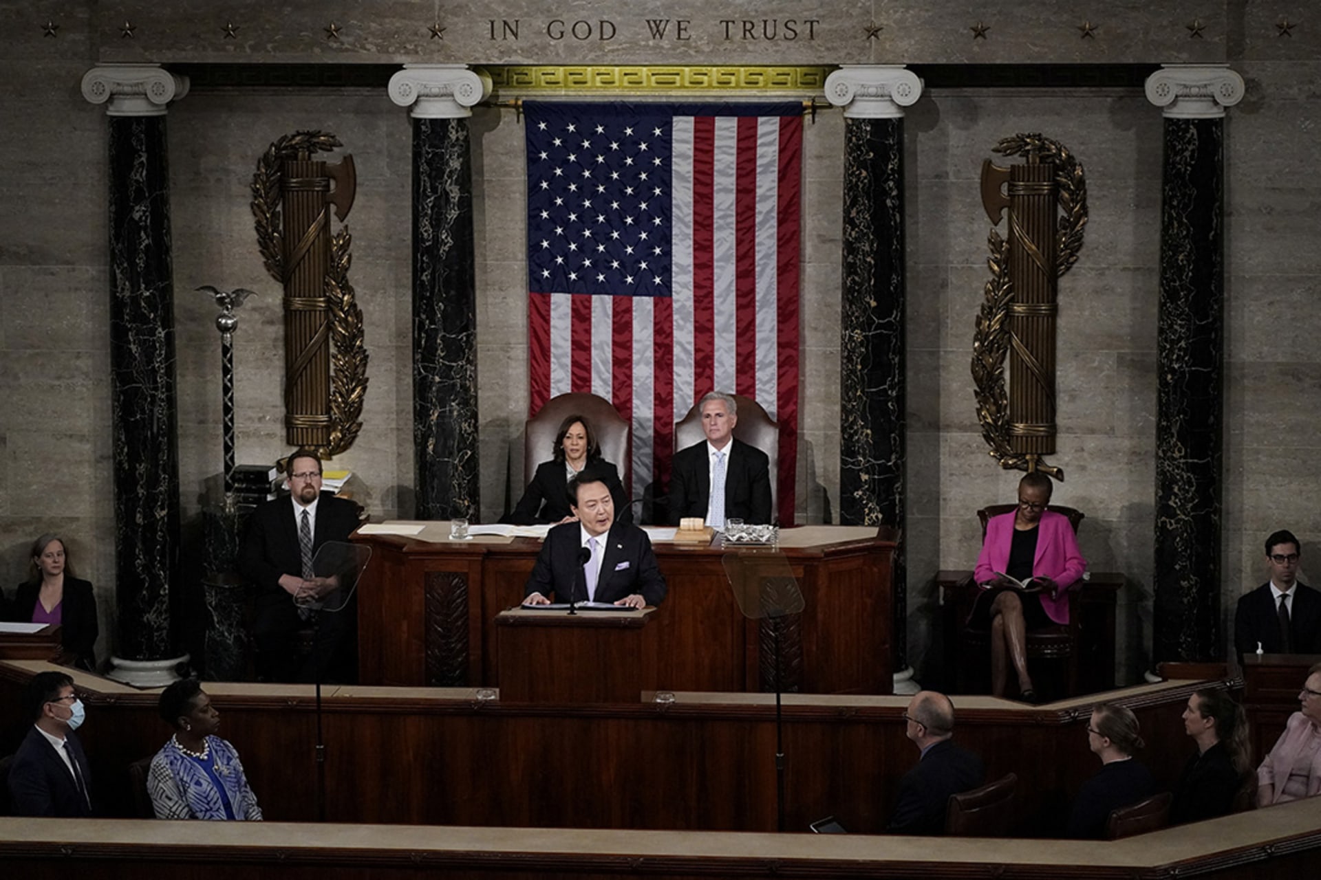 South Korean President Yoon Suk Yeol addresses a joint meeting of Congress in the House Chamber in the U.S. Capitol in Washington, DC, on April 27, 2023. Elizabeth Frantz/Reuters