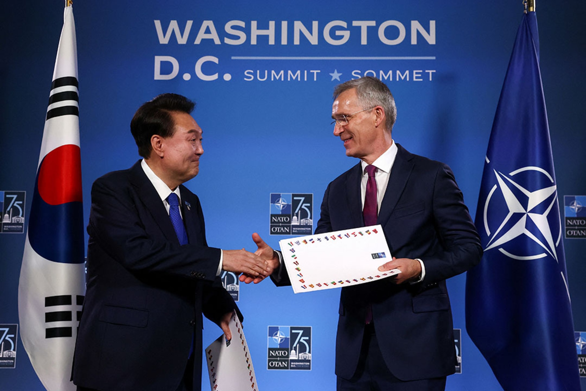 NATO Secretary-General Jens Stoltenberg and South Korean President Yoon Suk Yeol attend a bilateral meeting during NATO’s seventy-fifth anniversary summit in Washington, DC. Yves Herman/Reuters