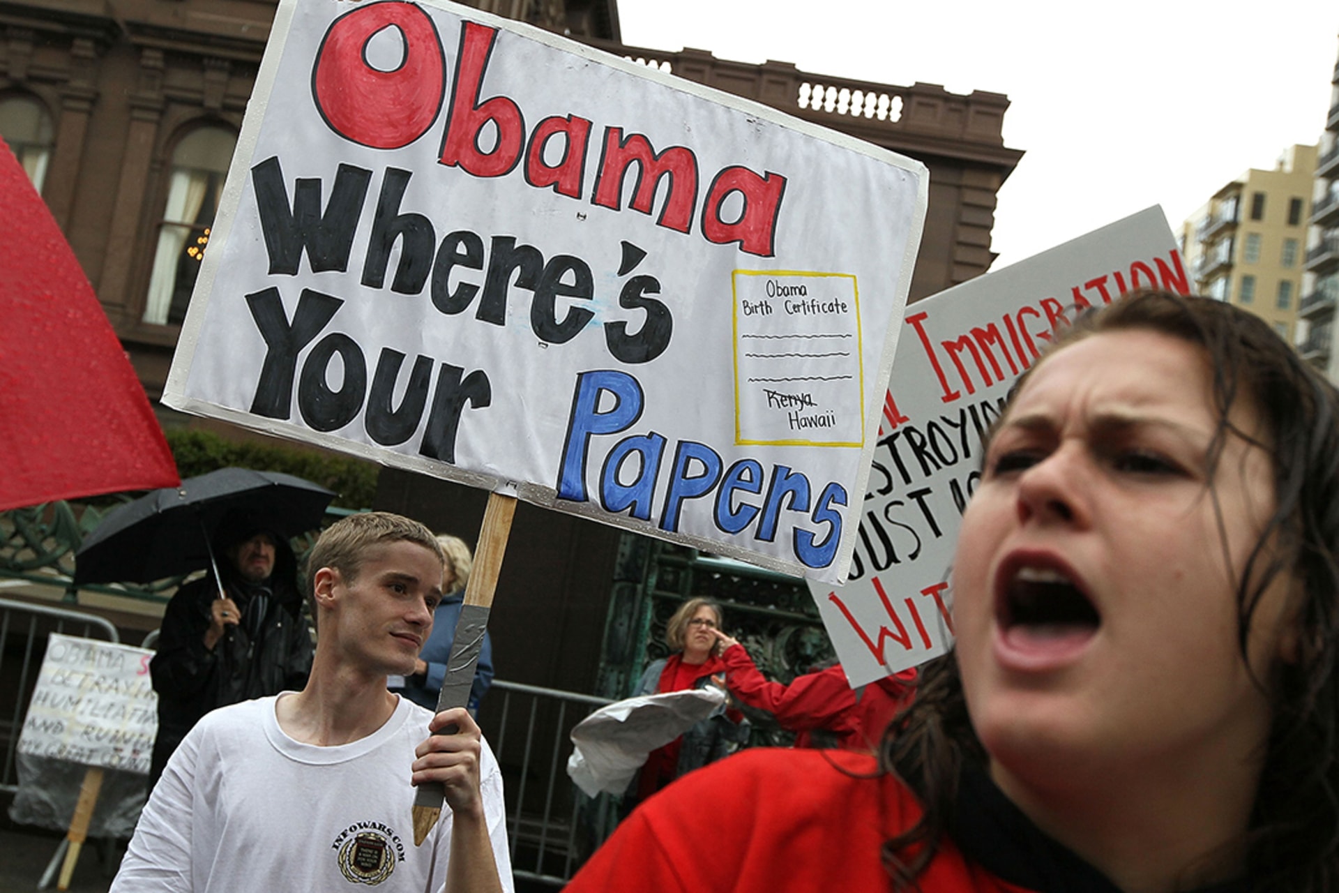 Members of the Tea Party movement protest outside of San Francisco’s Fairmont Hotel ahead of a fundraiser attended by President Barack Obama in 2010.