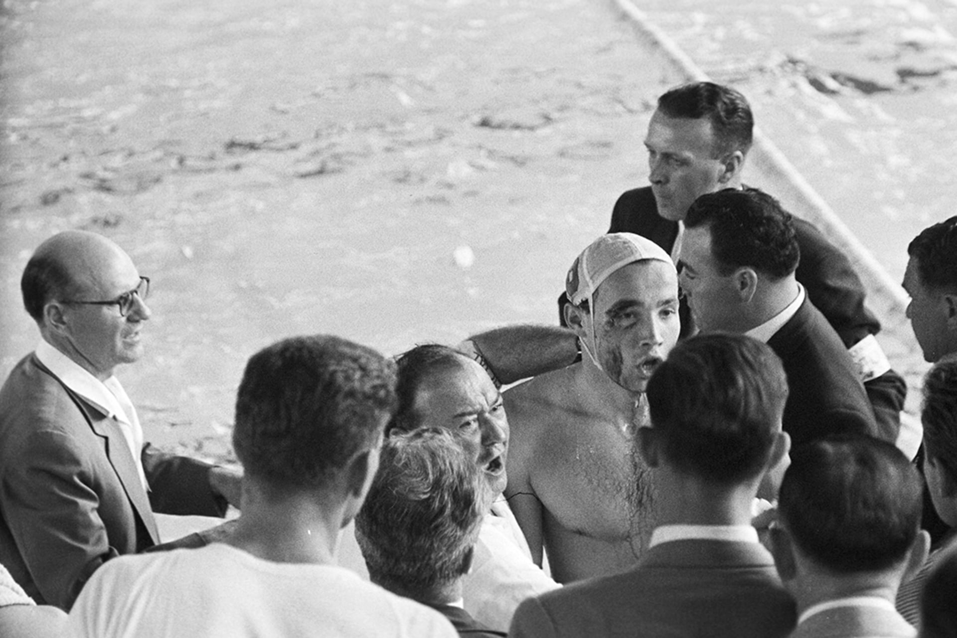 The water polo match during the games in Melbourne, Australia—known as the “blood in the water” incident—symbolizes Hungary’s struggle against Soviet rule. Jack Garofalo/Paris Match/Getty Images