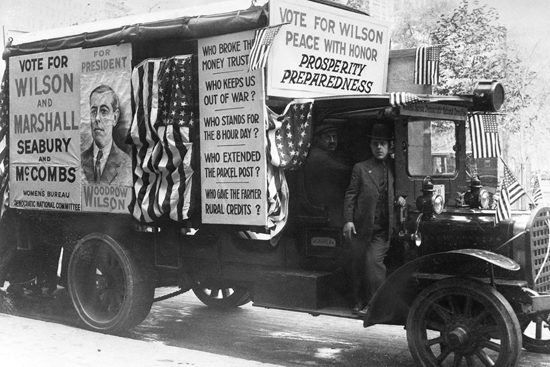 A campaign van decorated with posters supporting Democratic President Woodrow Wilson in 1916. Bettmann/Corbis/Getty Images