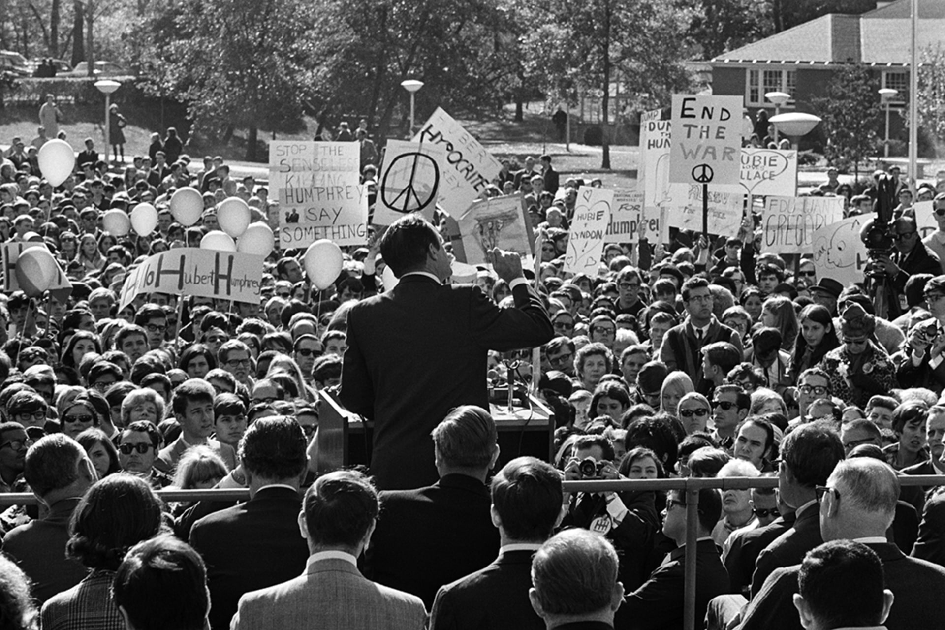 Democratic presidential candidate Hubert H. Humphrey talks to a crowd with anti-war protesters in Teaneck, New Jersey, in 1968. Bettmann/Corbis/Getty Images