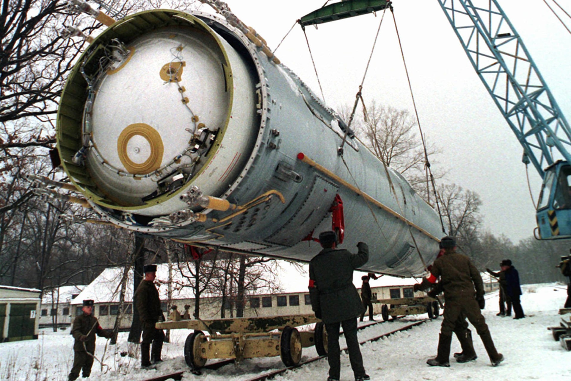Soldiers prepare to destroy a ballistic SS-19 missile at the former rocket base in Vakulenchuk, west of Kyiv. 
