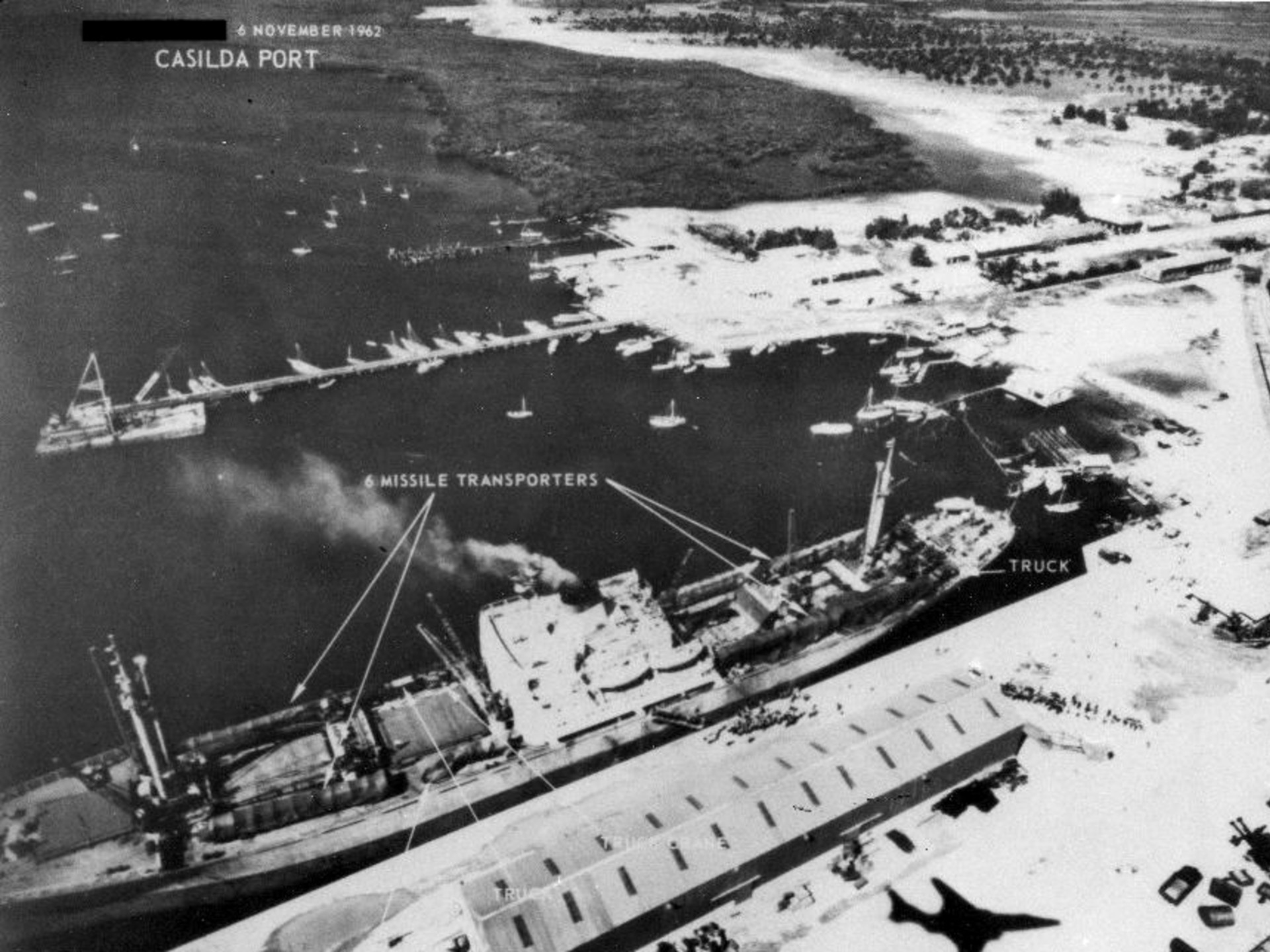 A Russian ship loaded with missiles in Port Casilda, Cuba, on November 6, 1962.
