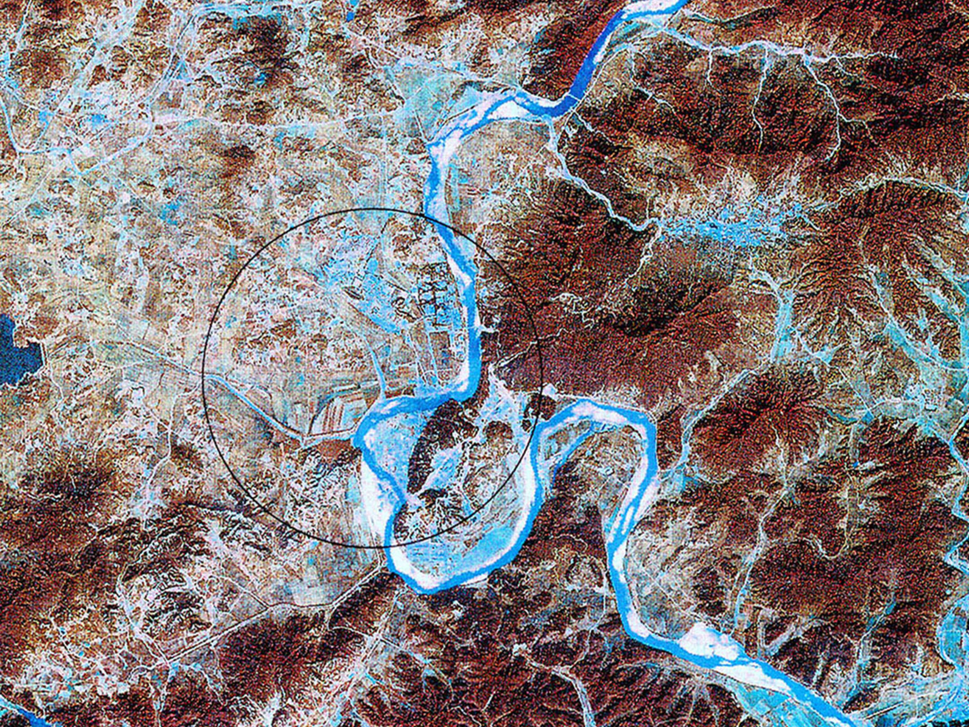 Satellite imagery from February 2002 depicts North Korea’s nuclear facilities. U.S. International Security Research Institute/Getty Images