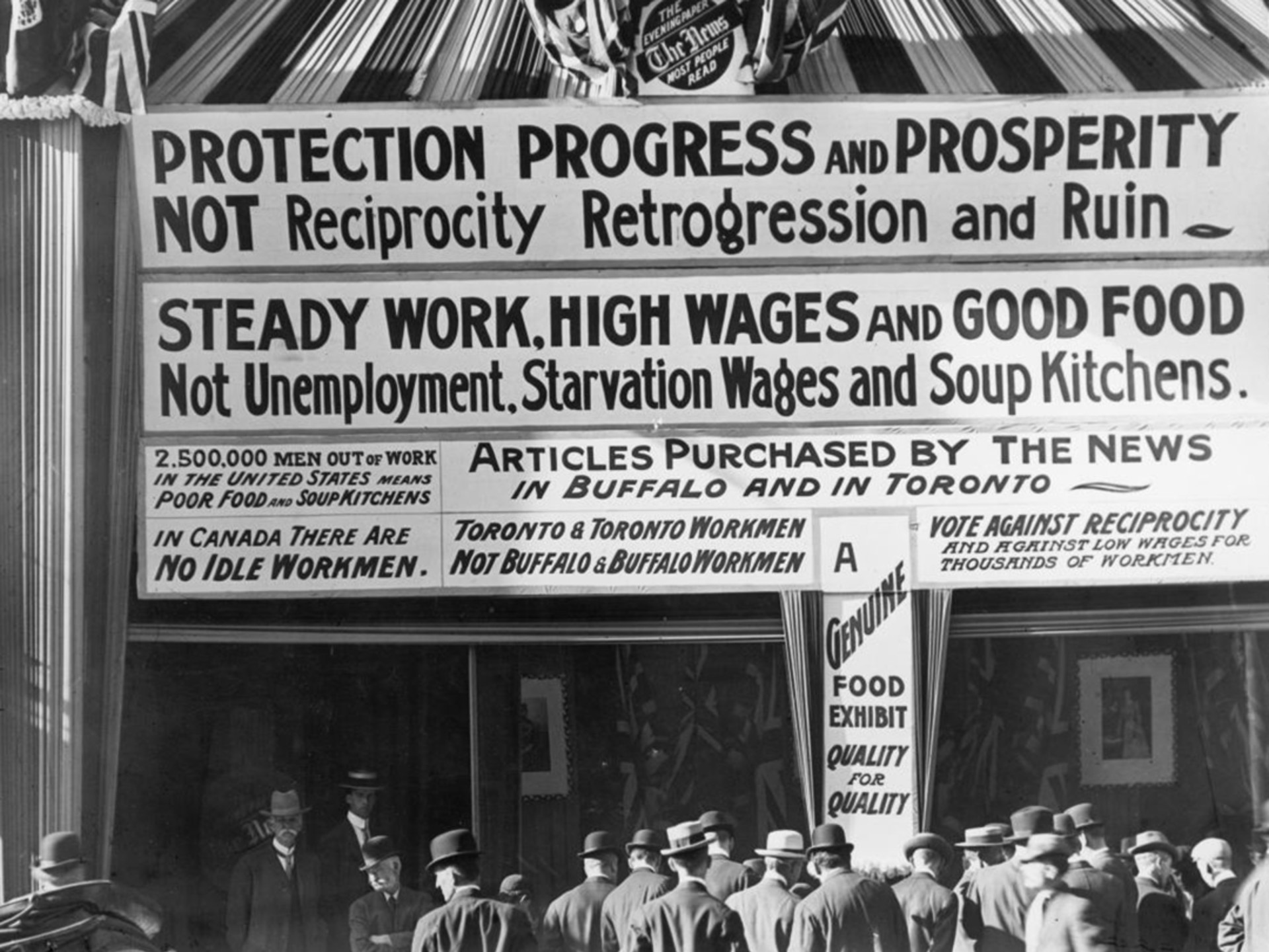 Anti-reciprocity signs hang from the building of The News, an evening newspaper in Toronto, Ontario. City of Toronto Archives
