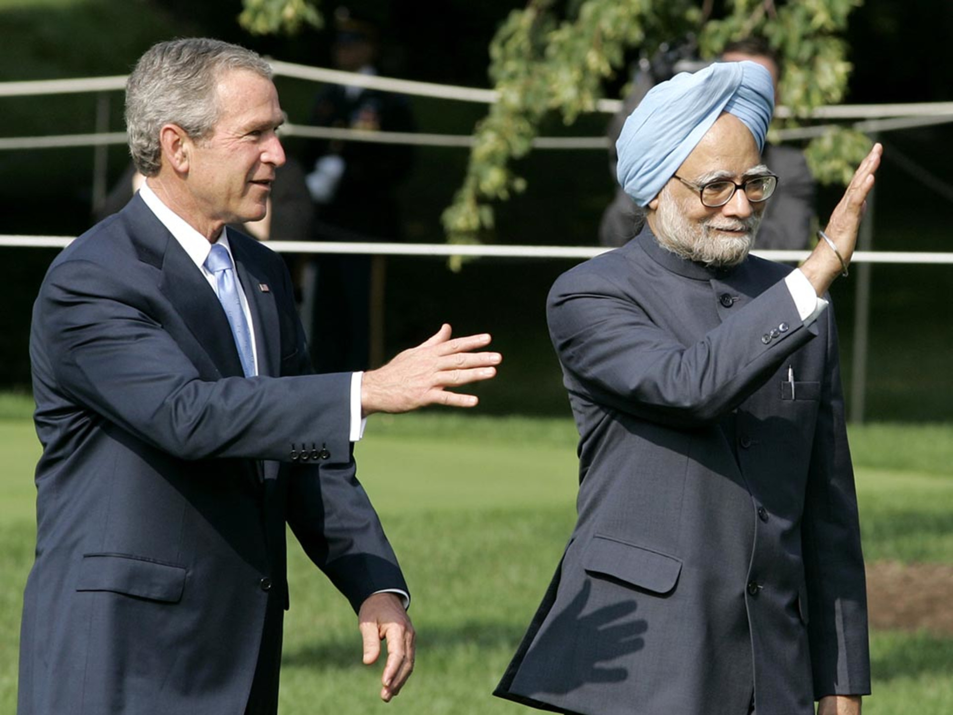 President George W. Bush and Indian Prime Minister Manmohan Singh at a White House press conference. Larry Downing/Reuters