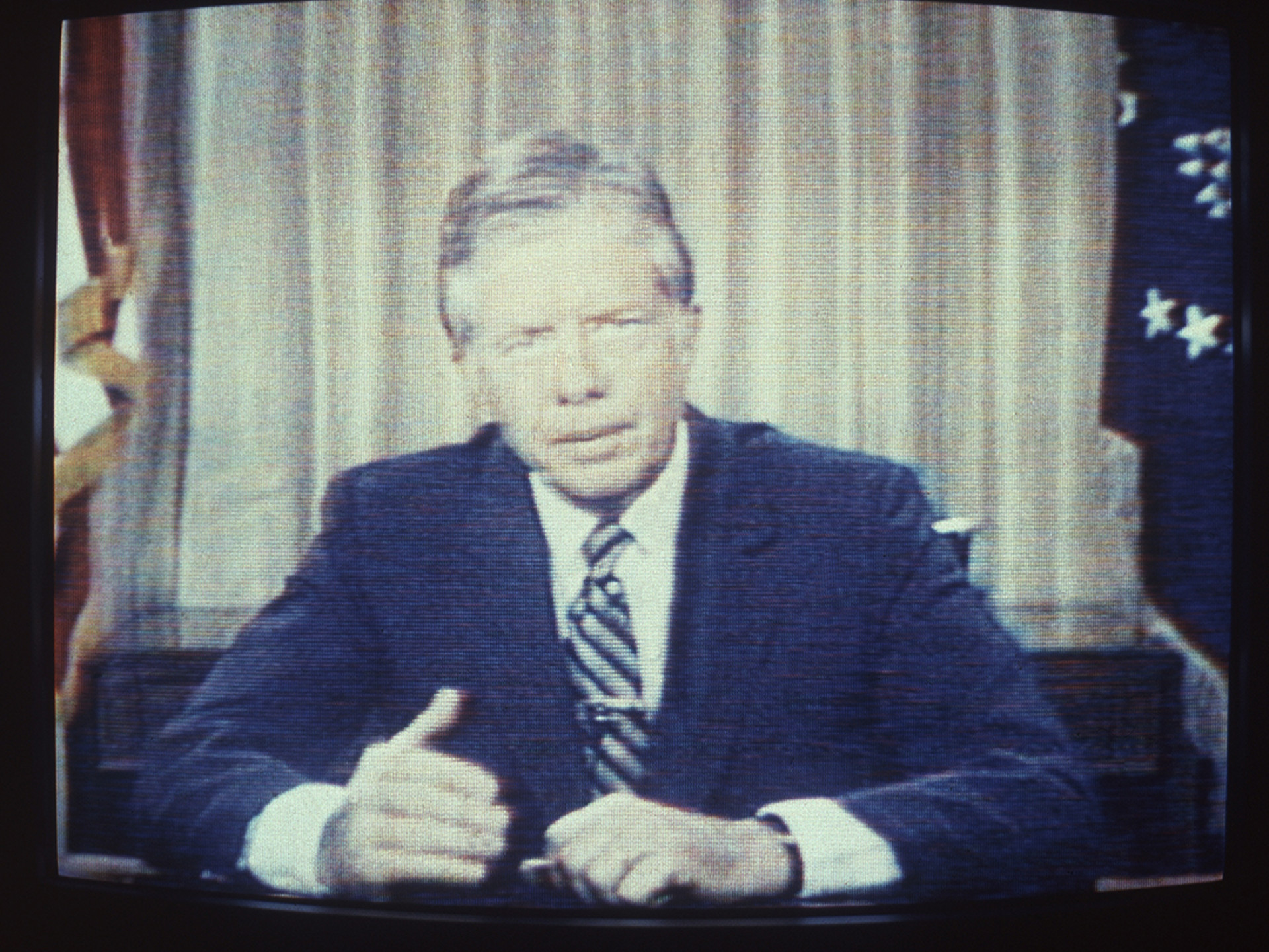 U.S. President Jimmy Carter delivering his energy speech on television, July 15, 1979.