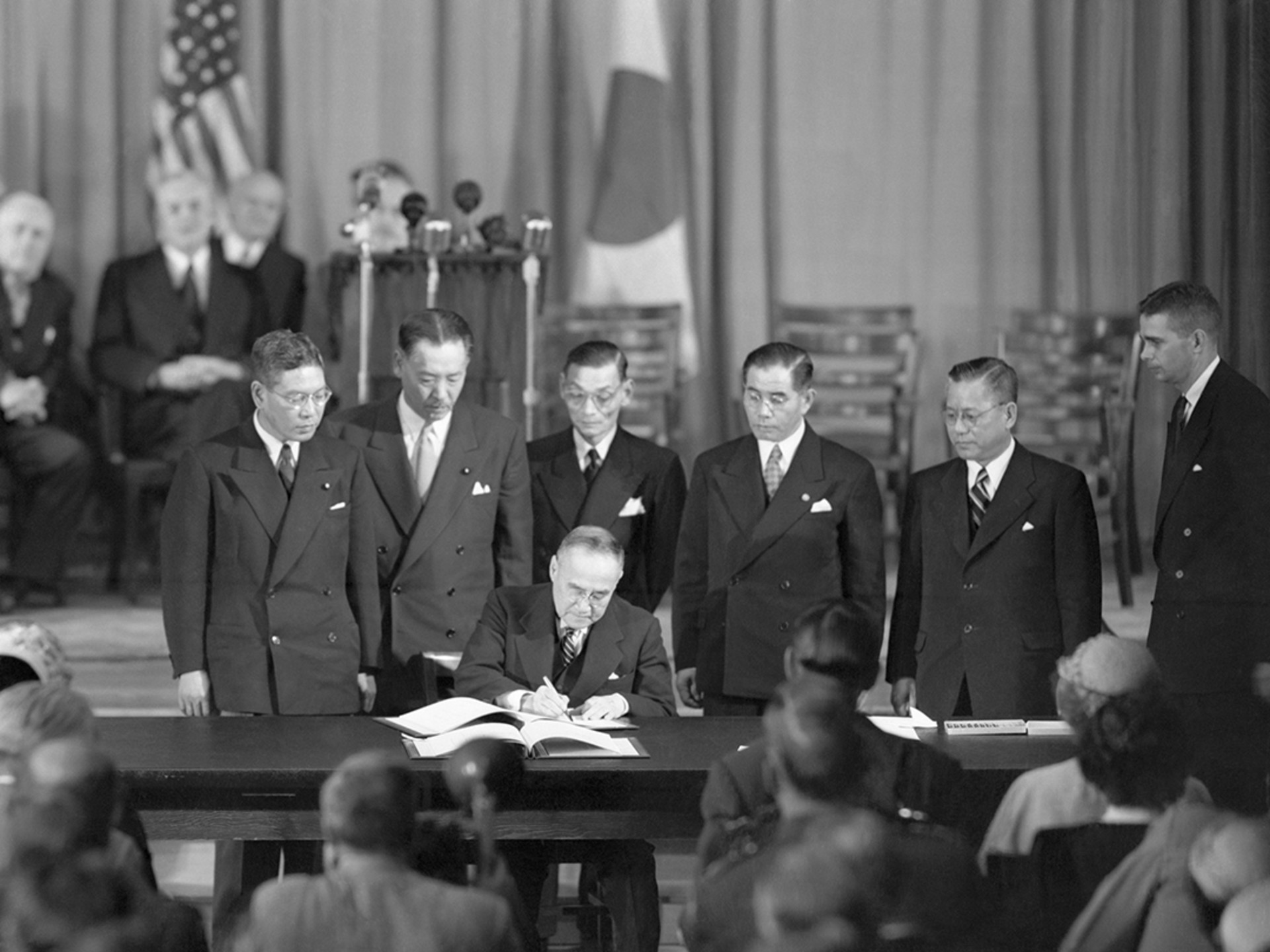 Japanese Prime Minister Shigeru Yoshida signs the Treaty of San Francisco with the United States on September 8, 1951. Bettmann/Corbis
