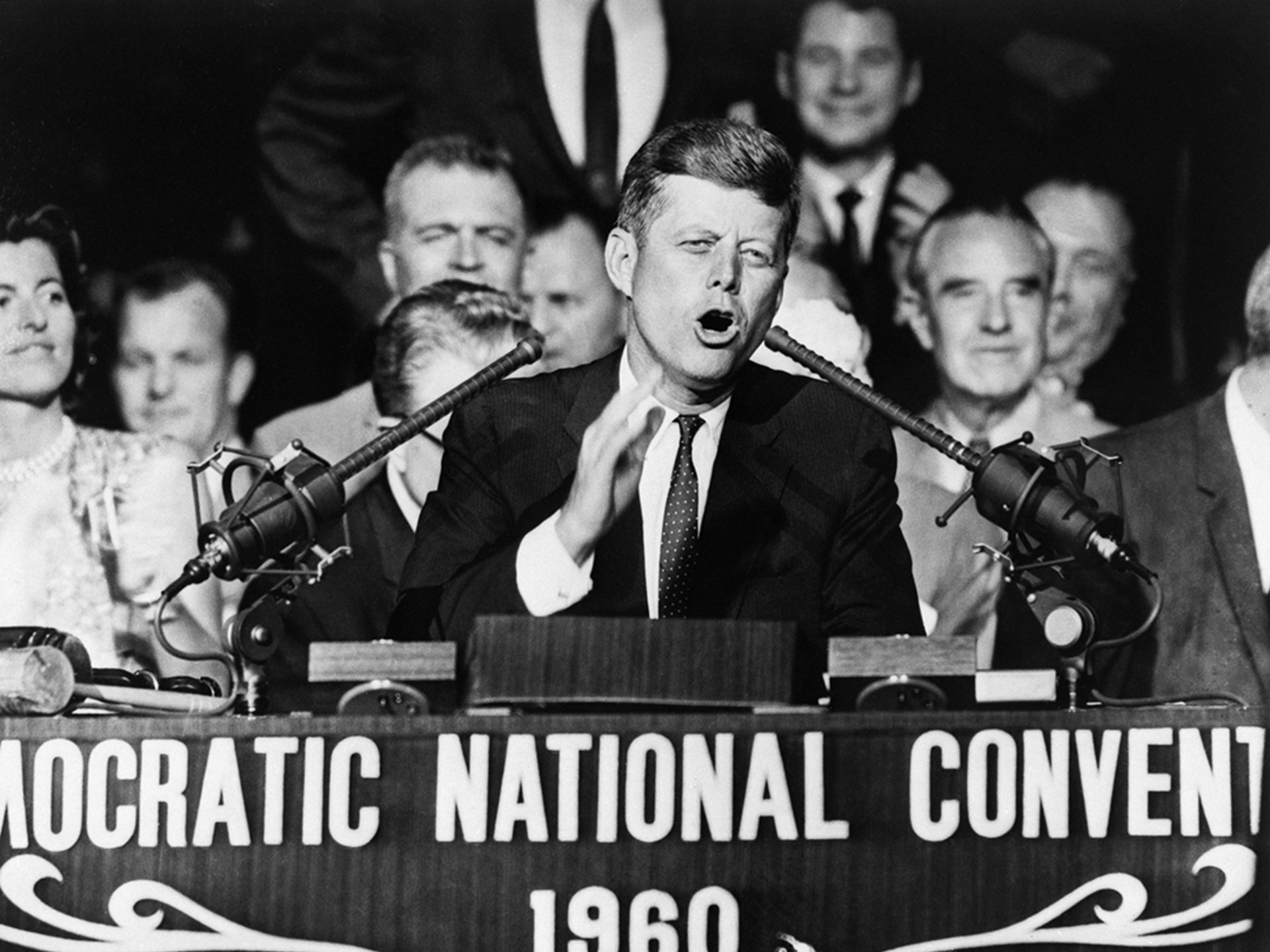 Democratic nominee John F. Kennedy speaks at his party’s convention in Los Angeles, California. Bettmann/Getty Images