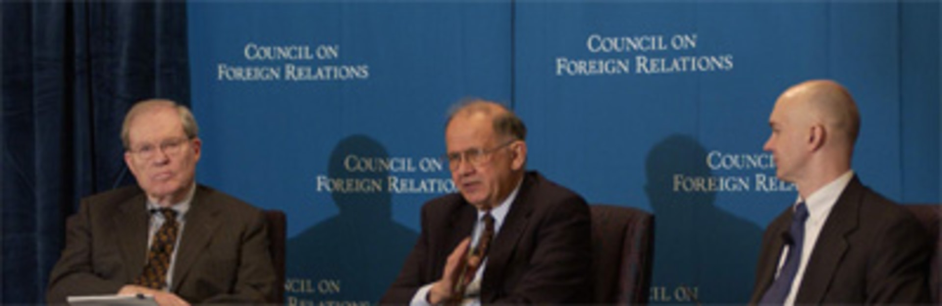 Ambassadors James Laney and Mort Abramowitz
with Council Fellow Eric Heginbotham
at the May 19, 2003 meeting and press conference
of the Council-sponsored Independent Task Force on Korea.